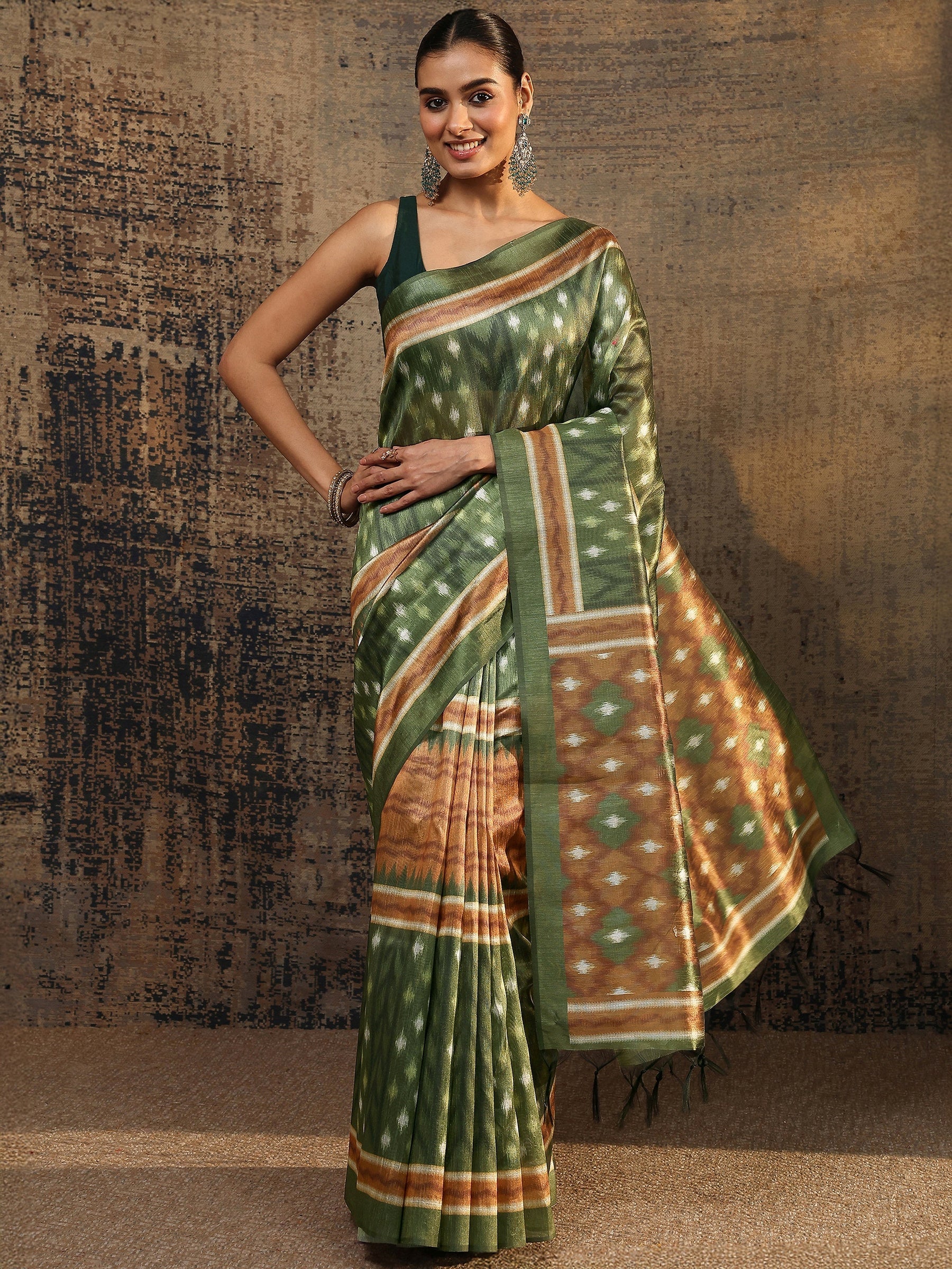 Olive Ikat Printed Silk Saree With Unstitched Blouse Piece