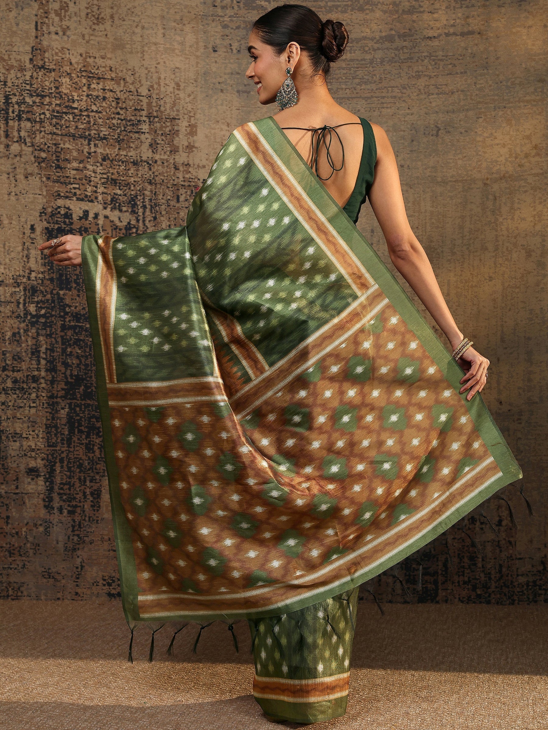 Olive Ikat Printed Silk Saree With Unstitched Blouse Piece