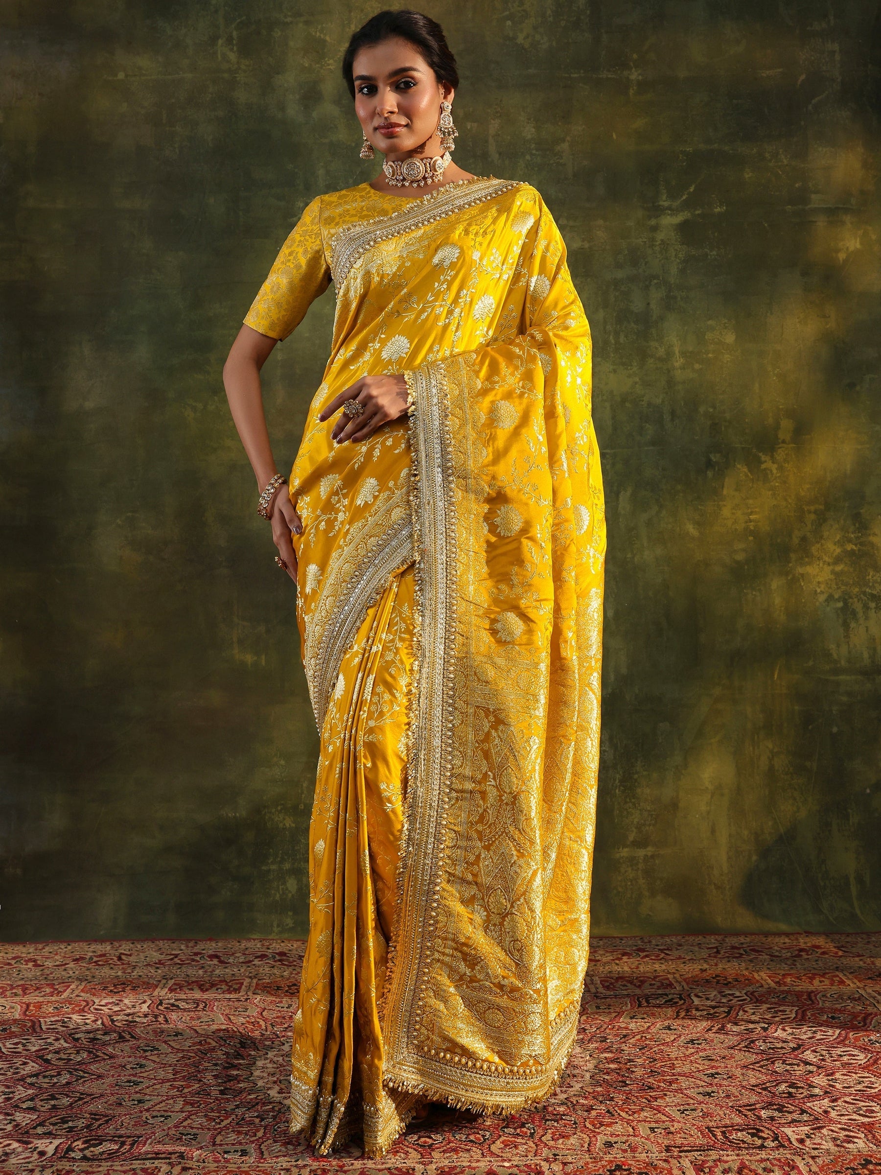Art Mustard Embellished Woven Design Silk Saree With Unstitched Blouse Piece