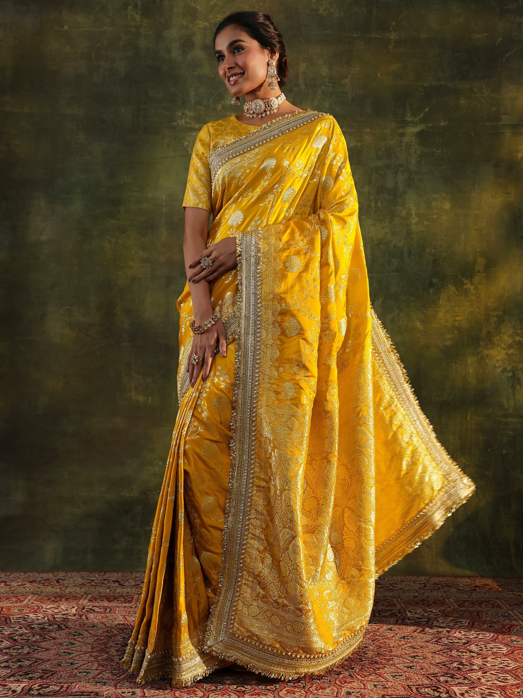 Art Mustard Embellished Woven Design Silk Saree With Unstitched Blouse Piece