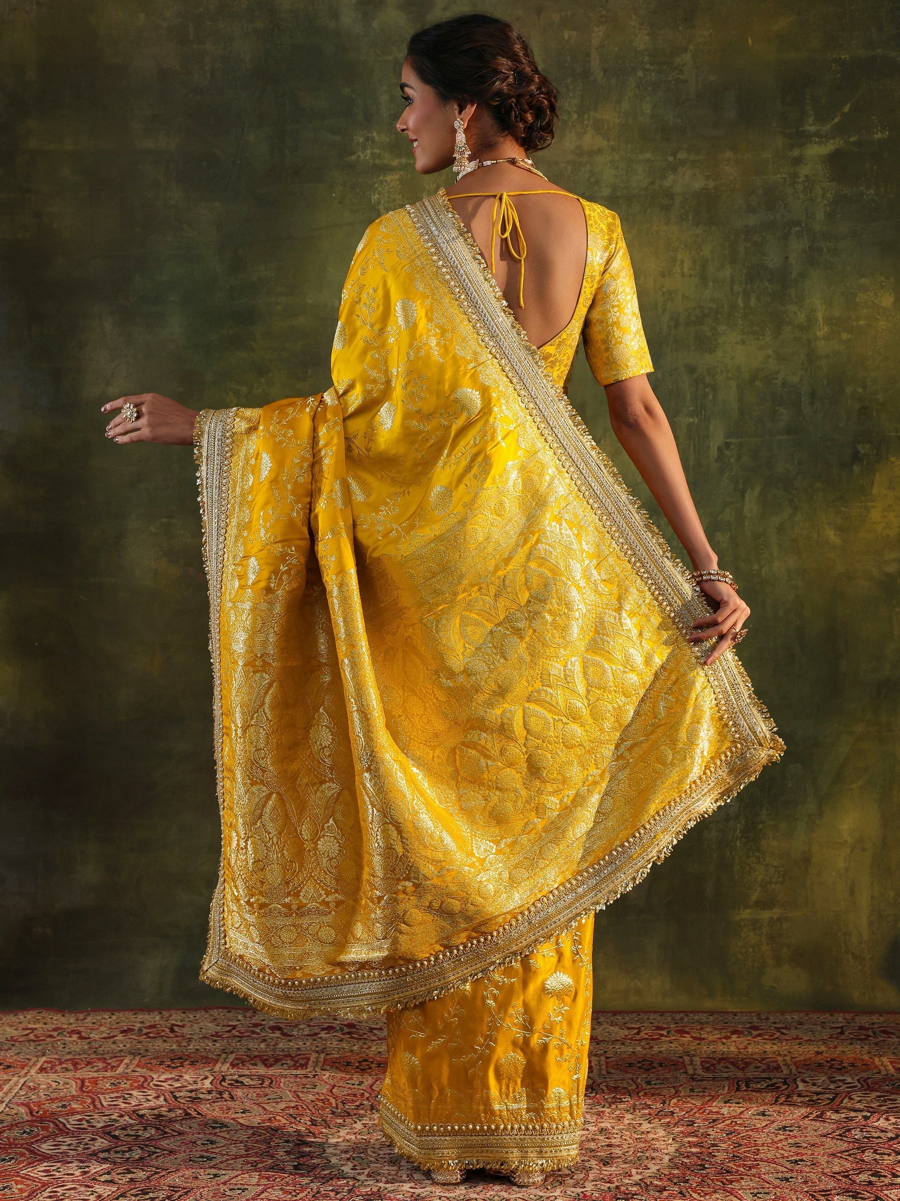 Art Mustard Embellished Woven Design Silk Saree With Unstitched Blouse Piece