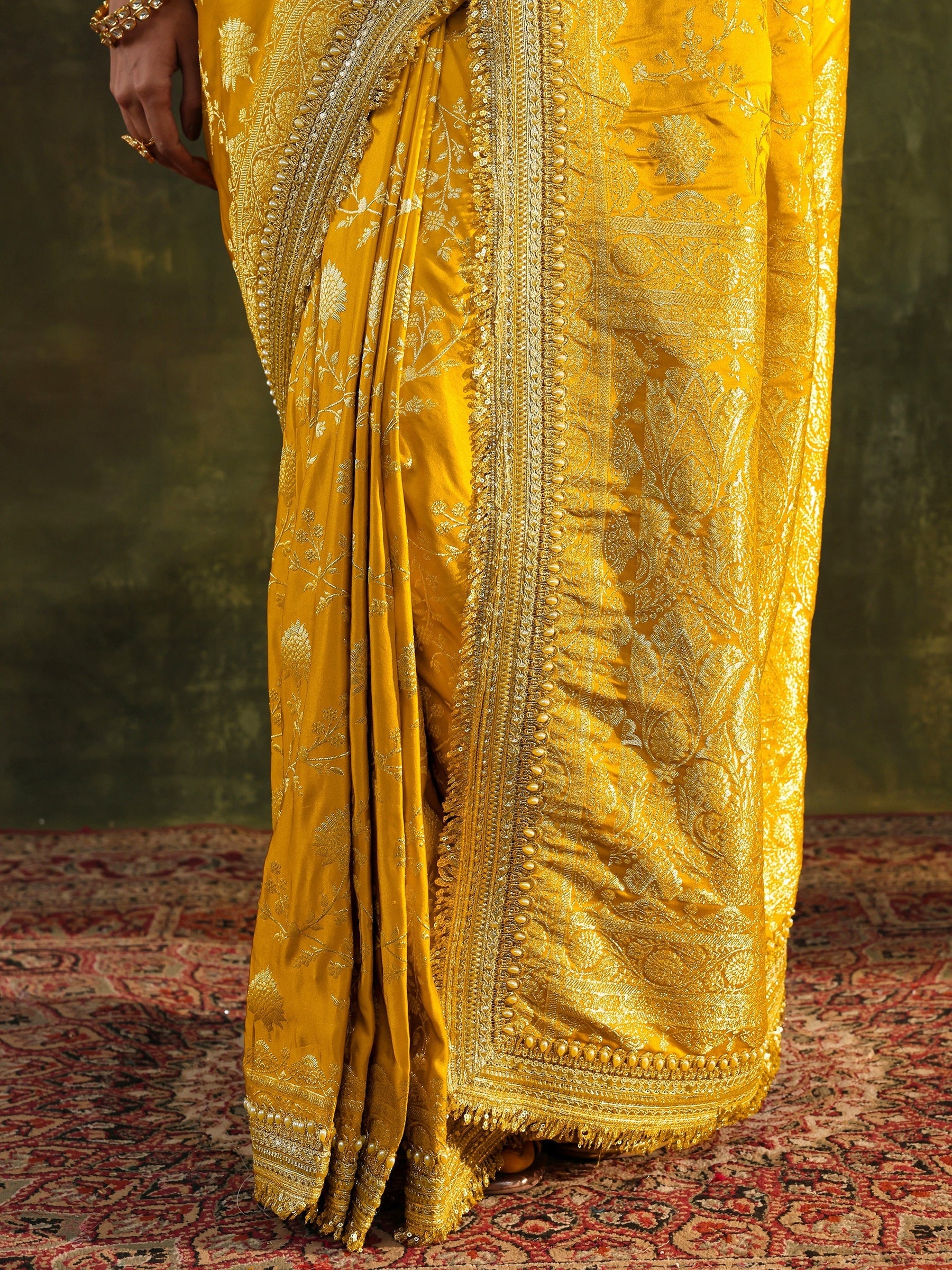 Art Mustard Embellished Woven Design Silk Saree With Unstitched Blouse Piece