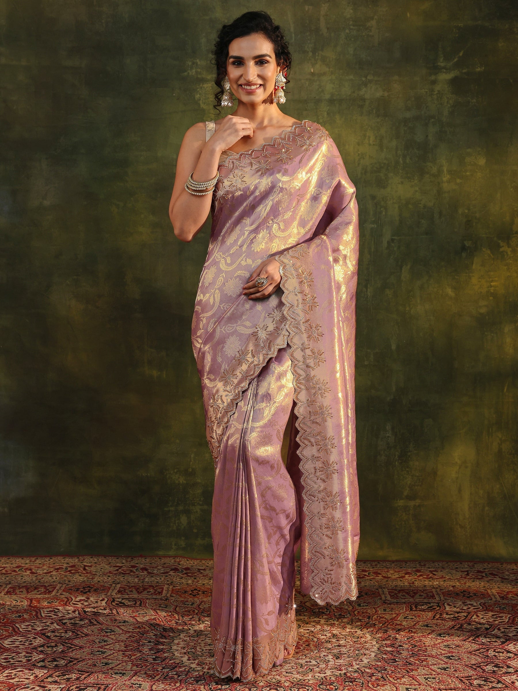 Purple Floral Embellished Silk Saree With Unstitched Blouse Piece