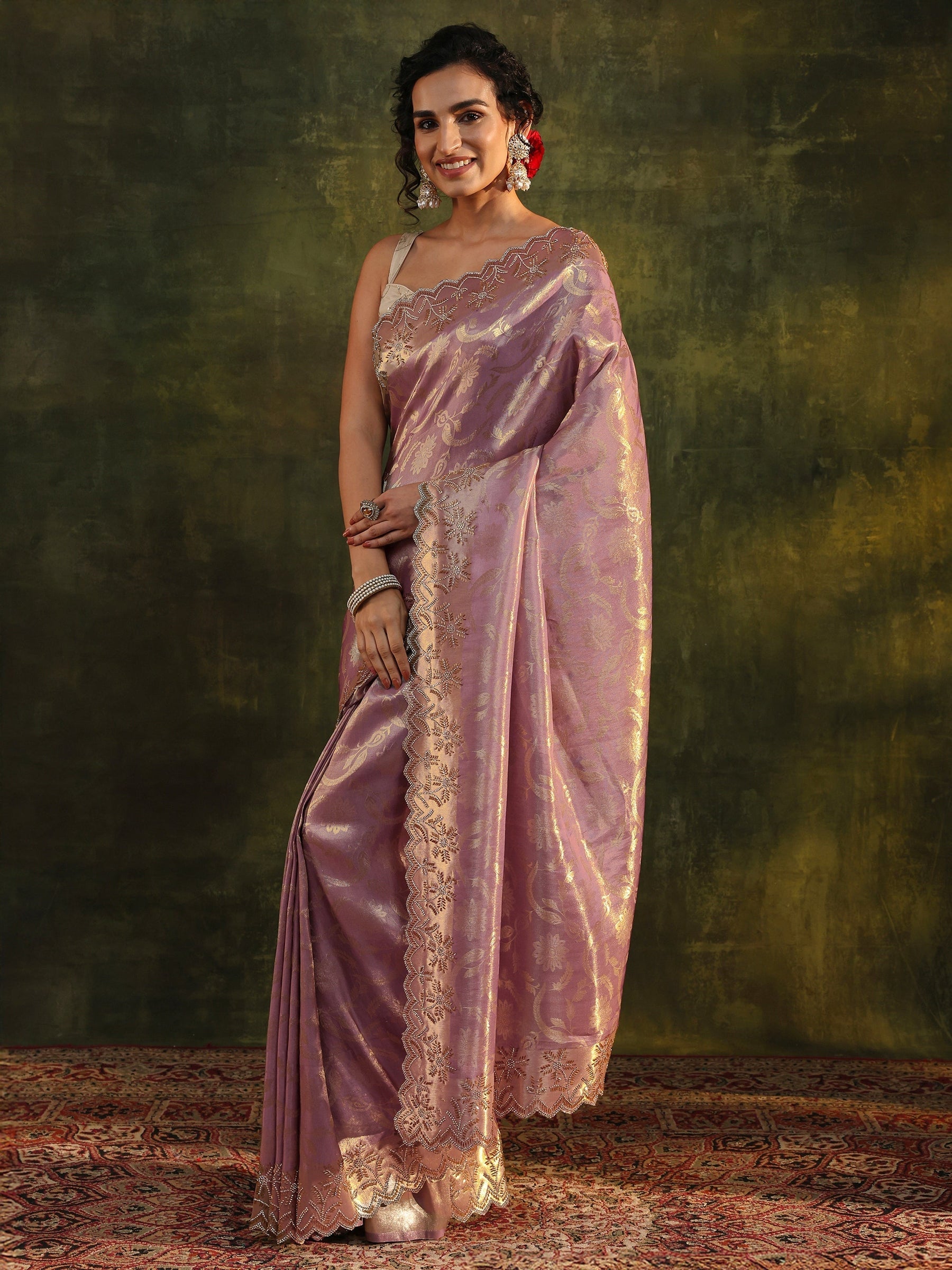 Purple Floral Embellished Silk Saree With Unstitched Blouse Piece