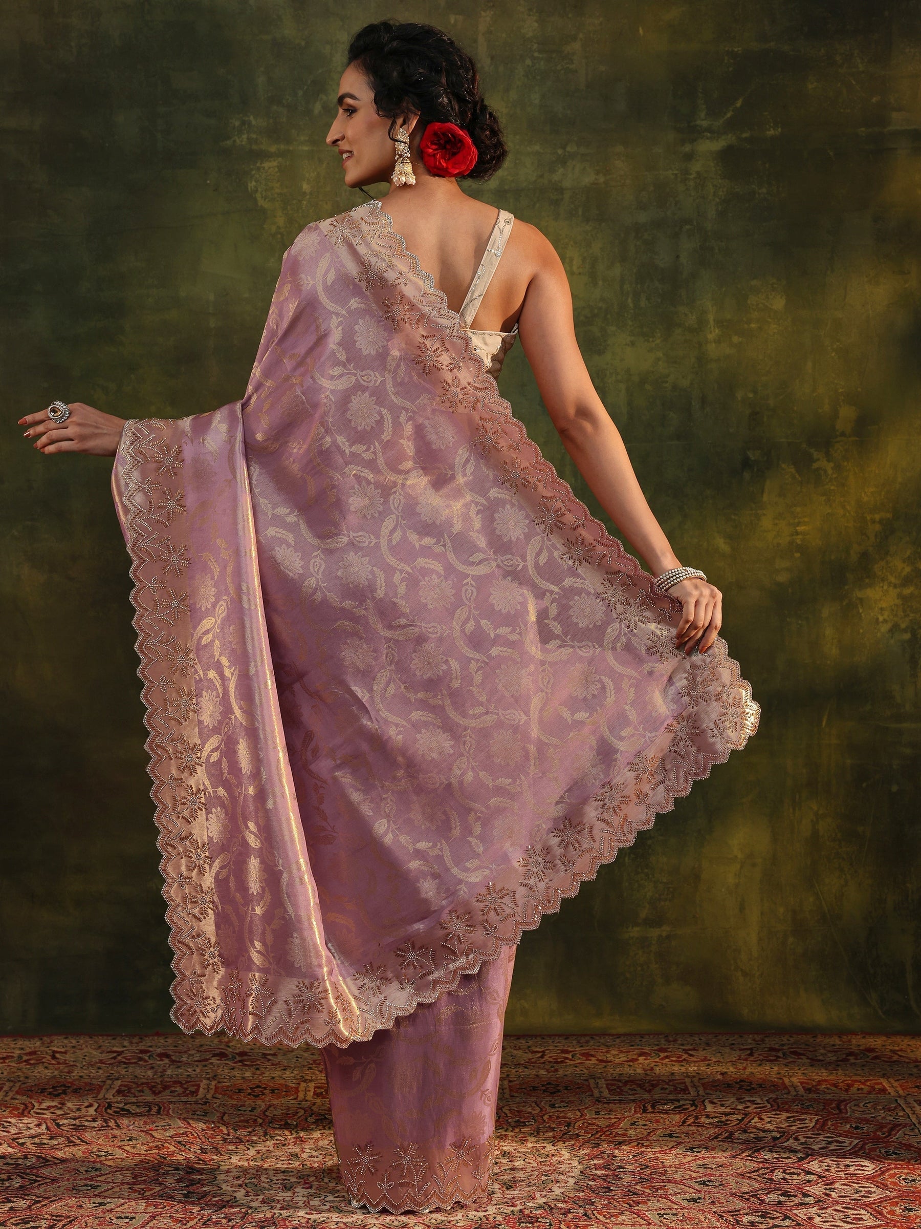 Purple Floral Embellished Silk Saree With Unstitched Blouse Piece