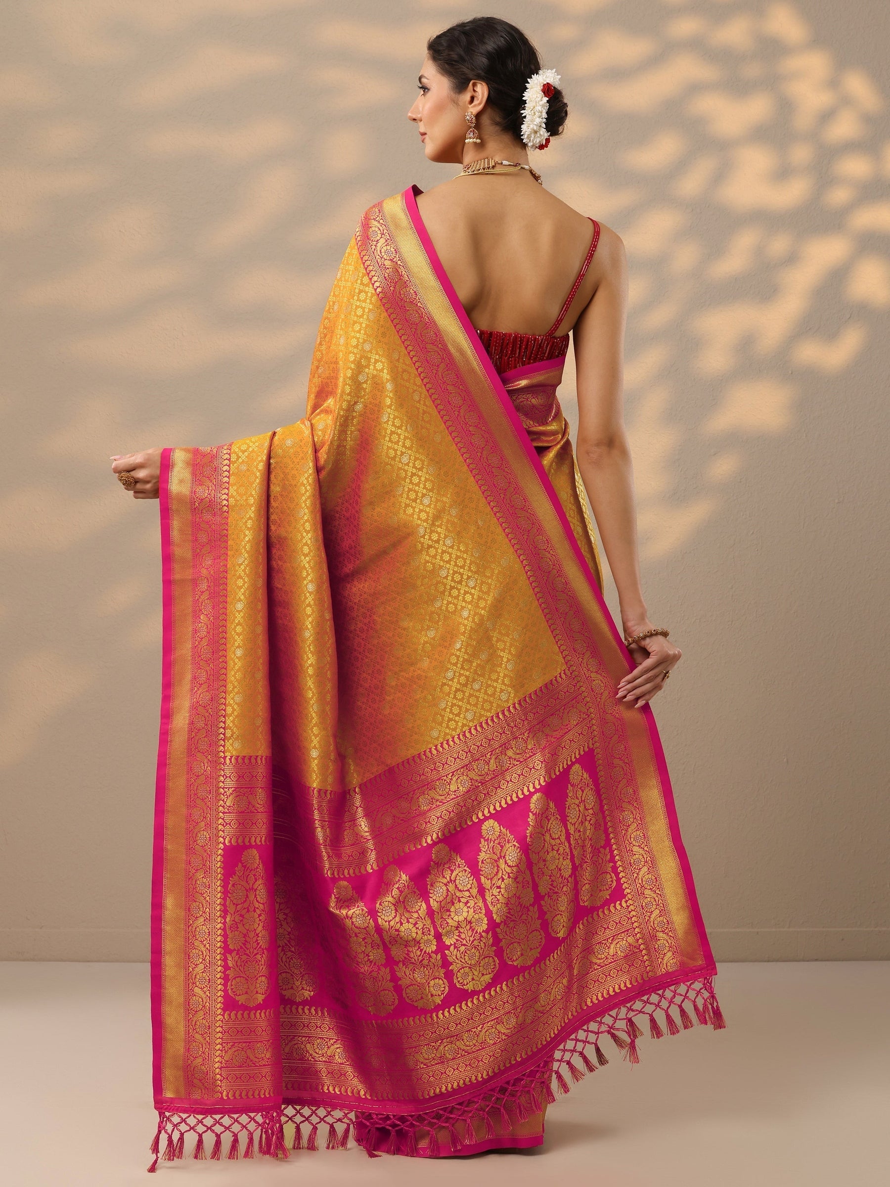 Orange Woven Design Silk Blend Kanjeevaram Saree With Unstitched Blouse Piece