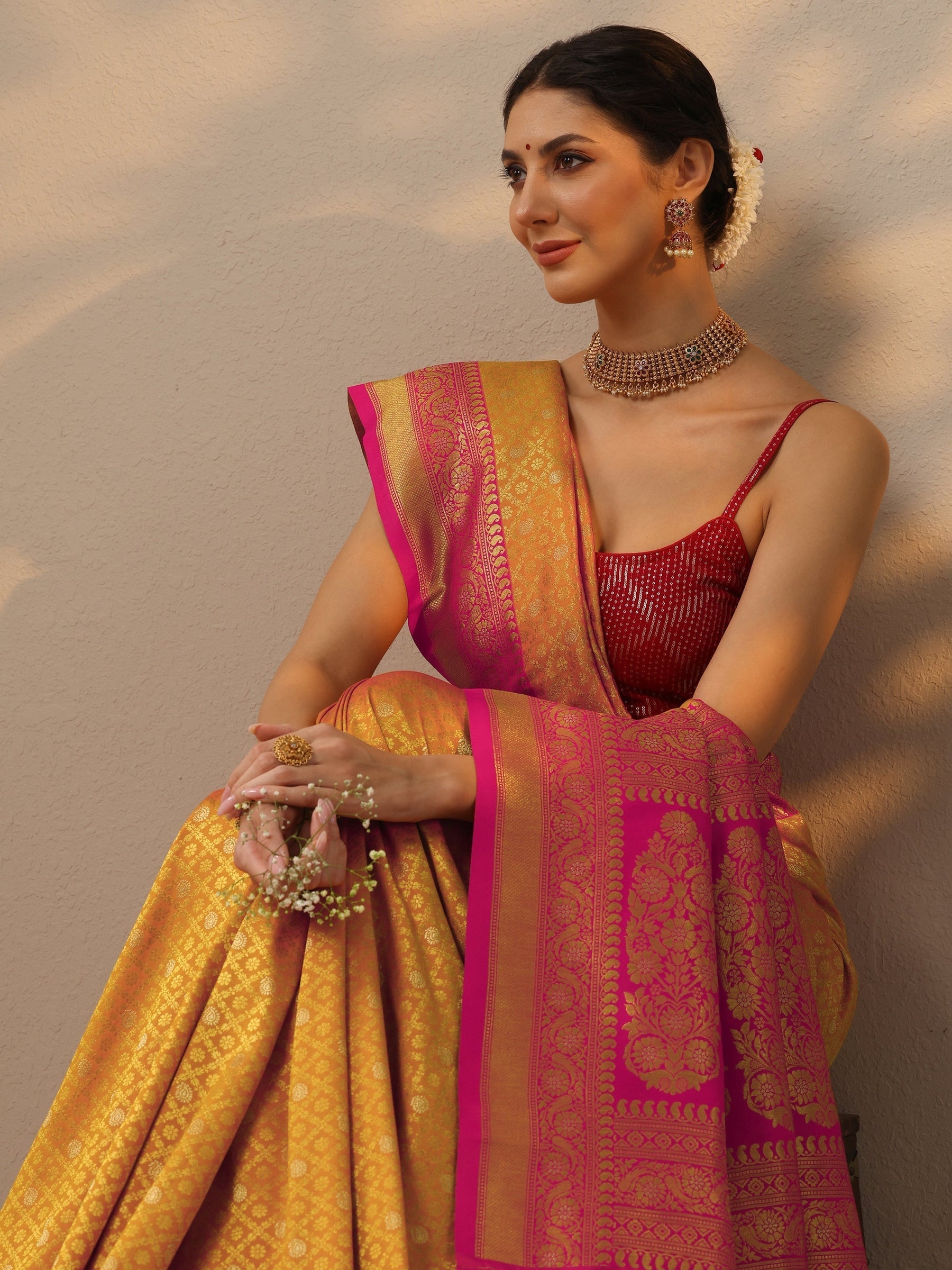 Orange Woven Design Silk Blend Kanjeevaram Saree With Unstitched Blouse Piece