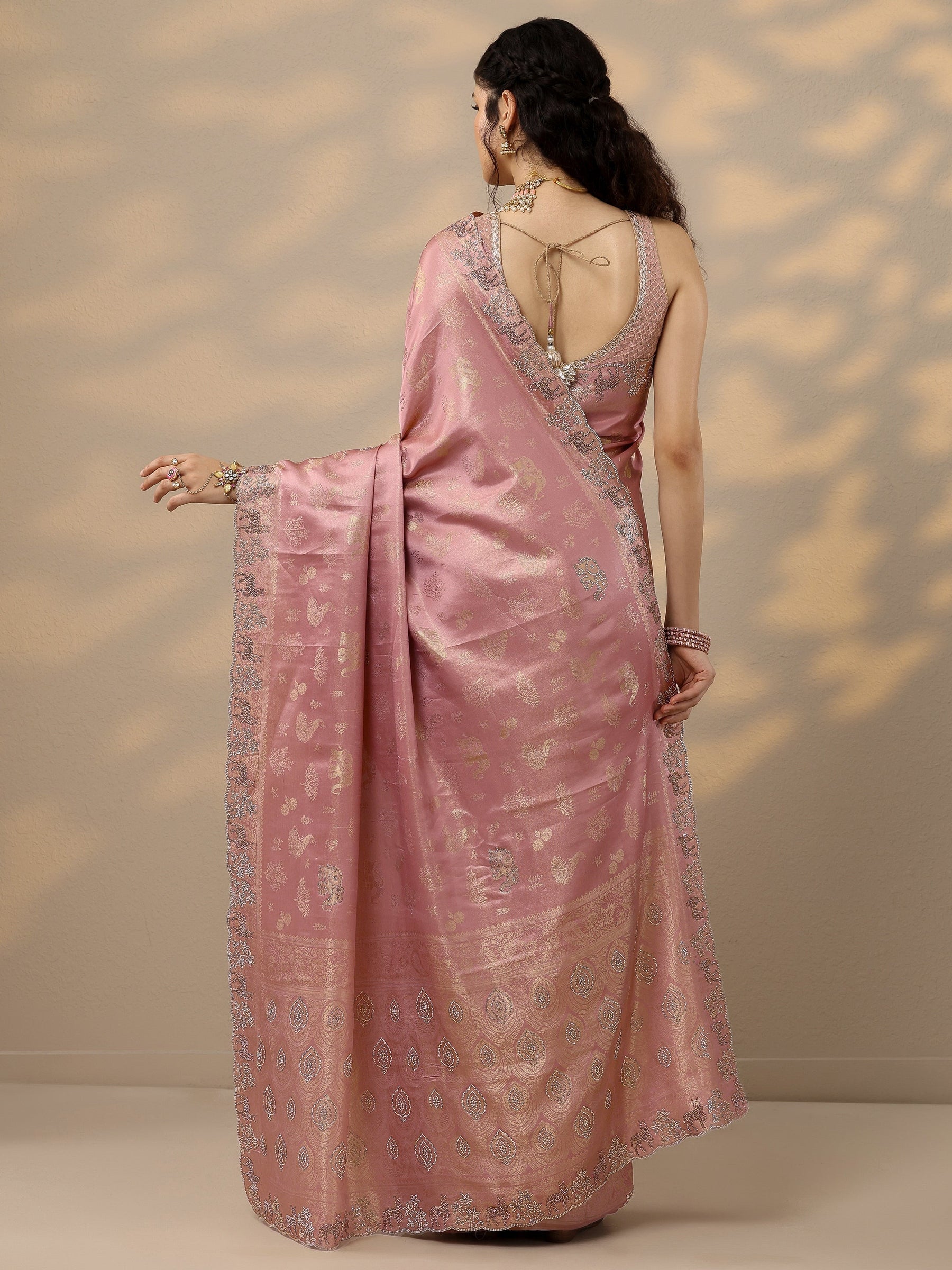 Pink Woven Design Banarasi Silk Blend Saree With Unstitched Blouse Piece