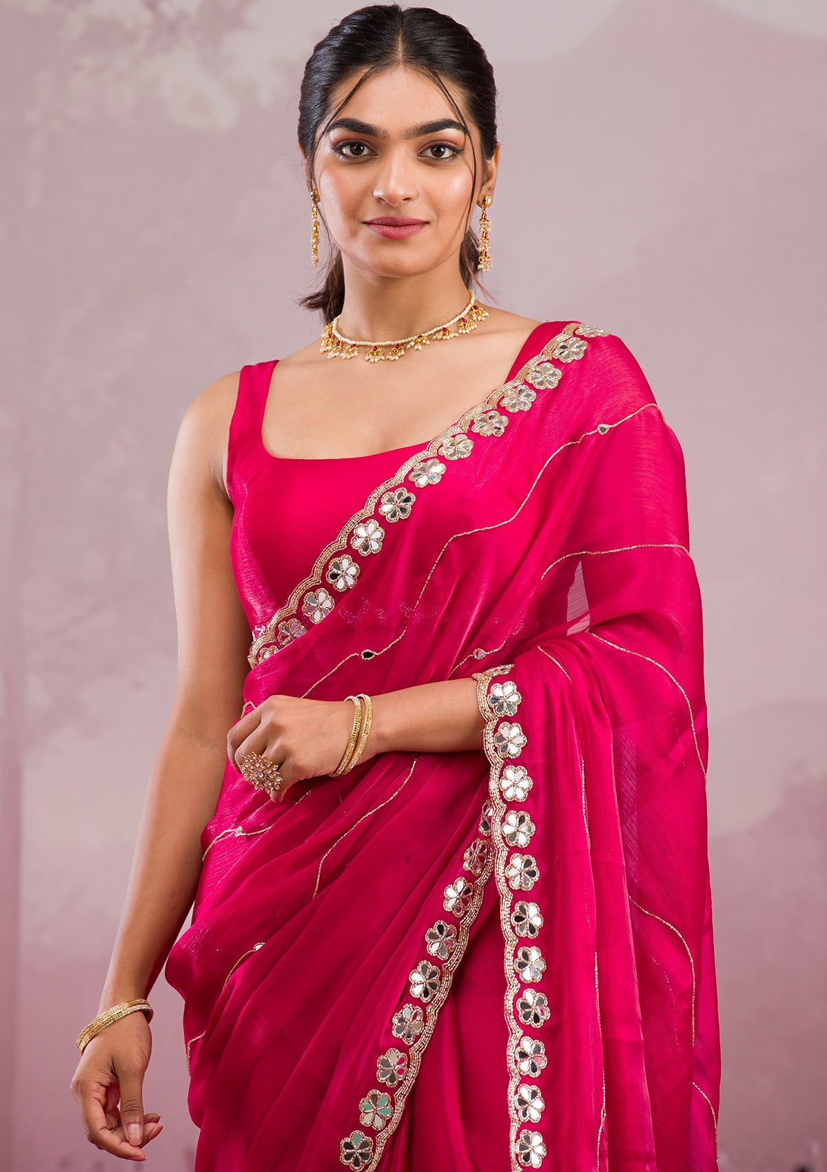 Rani Pink Organza Mirrorwork Saree With Matching Blouse Piece