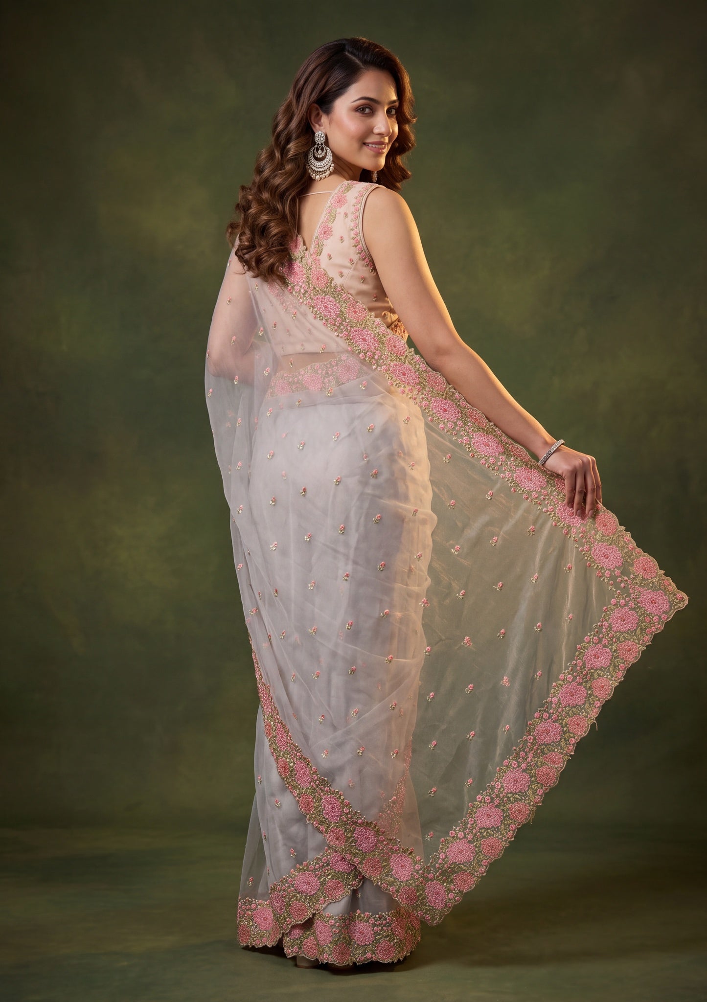 Light Grey Tissue Threadwork Saree With Matching Blouse Piece