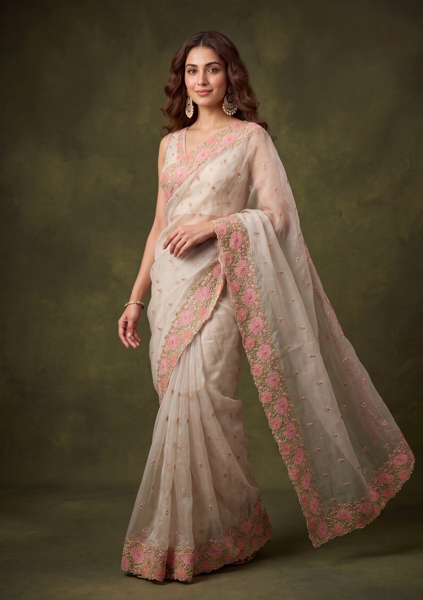 Light Grey Tissue Threadwork Saree With Matching Blouse Piece