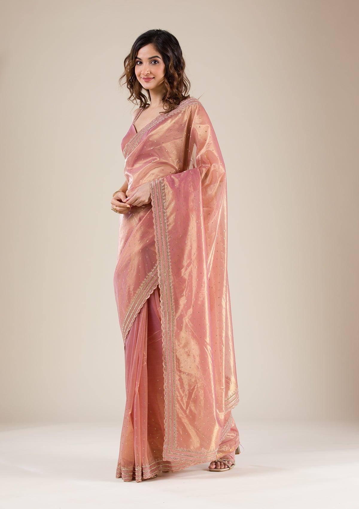 Mauve Organza Gold Zariwork Saree With Matching Blouse Piece