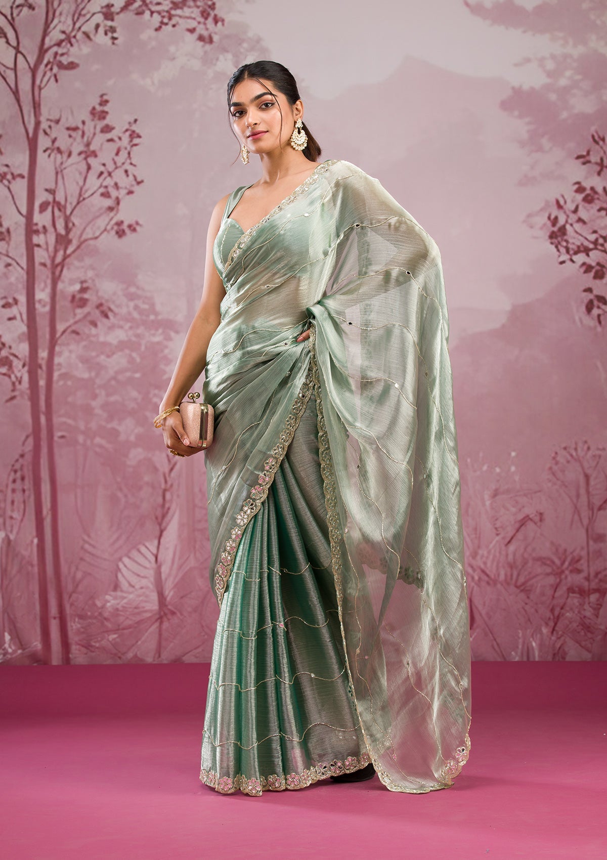 Sea Green Organza Mirrorwork Saree With Matching Blouse Piece