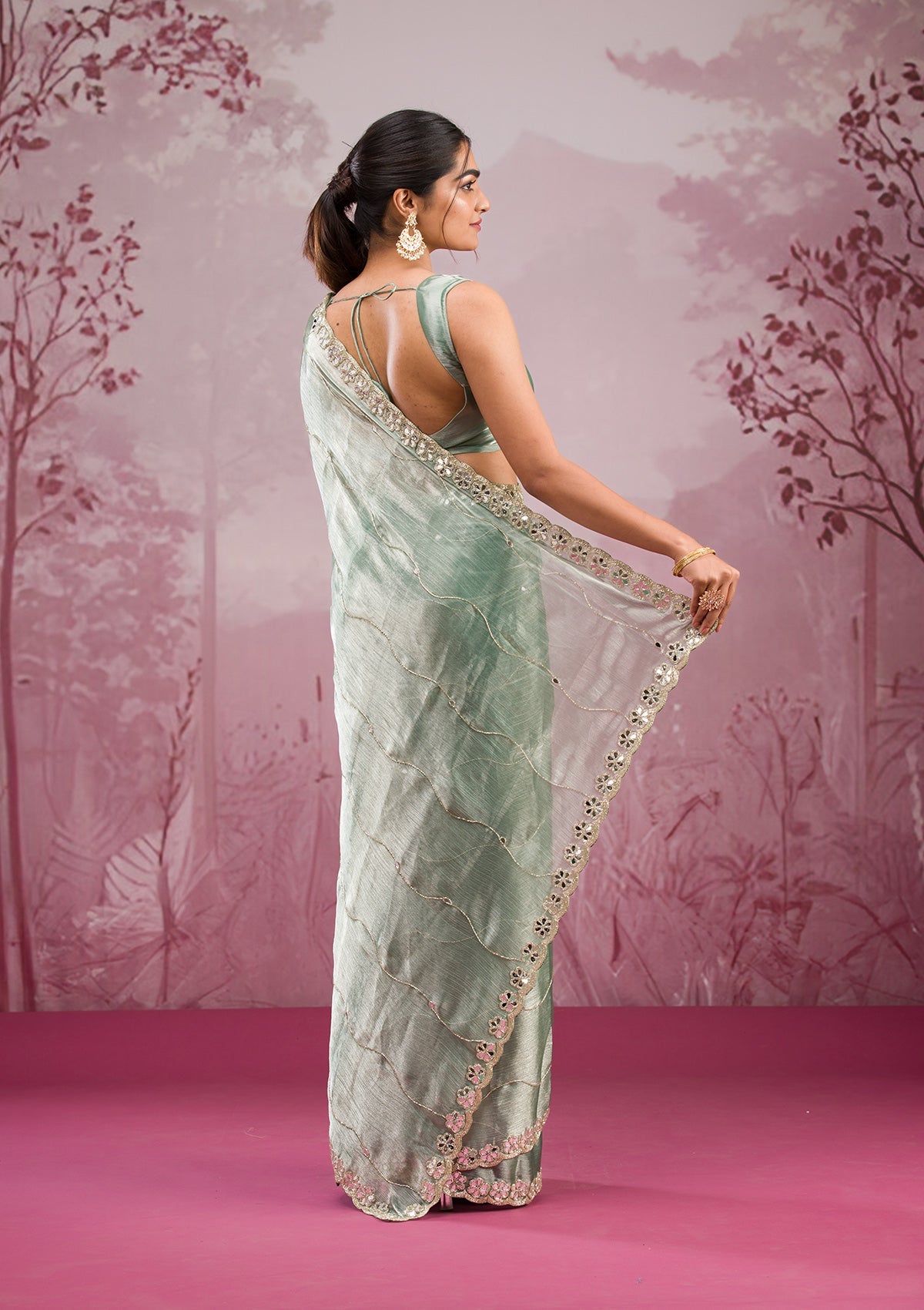 Sea Green Organza Mirrorwork Saree With Matching Blouse Piece