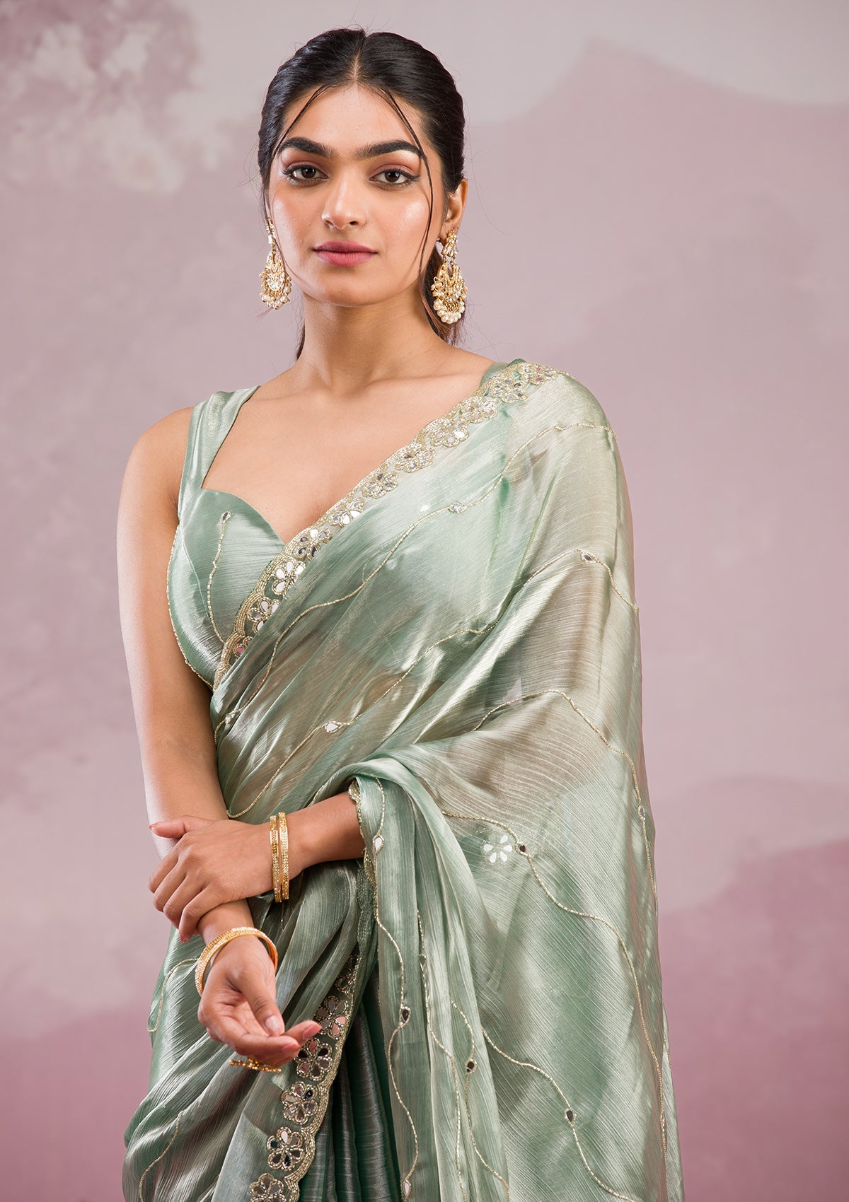 Sea Green Organza Mirrorwork Saree With Matching Blouse Piece