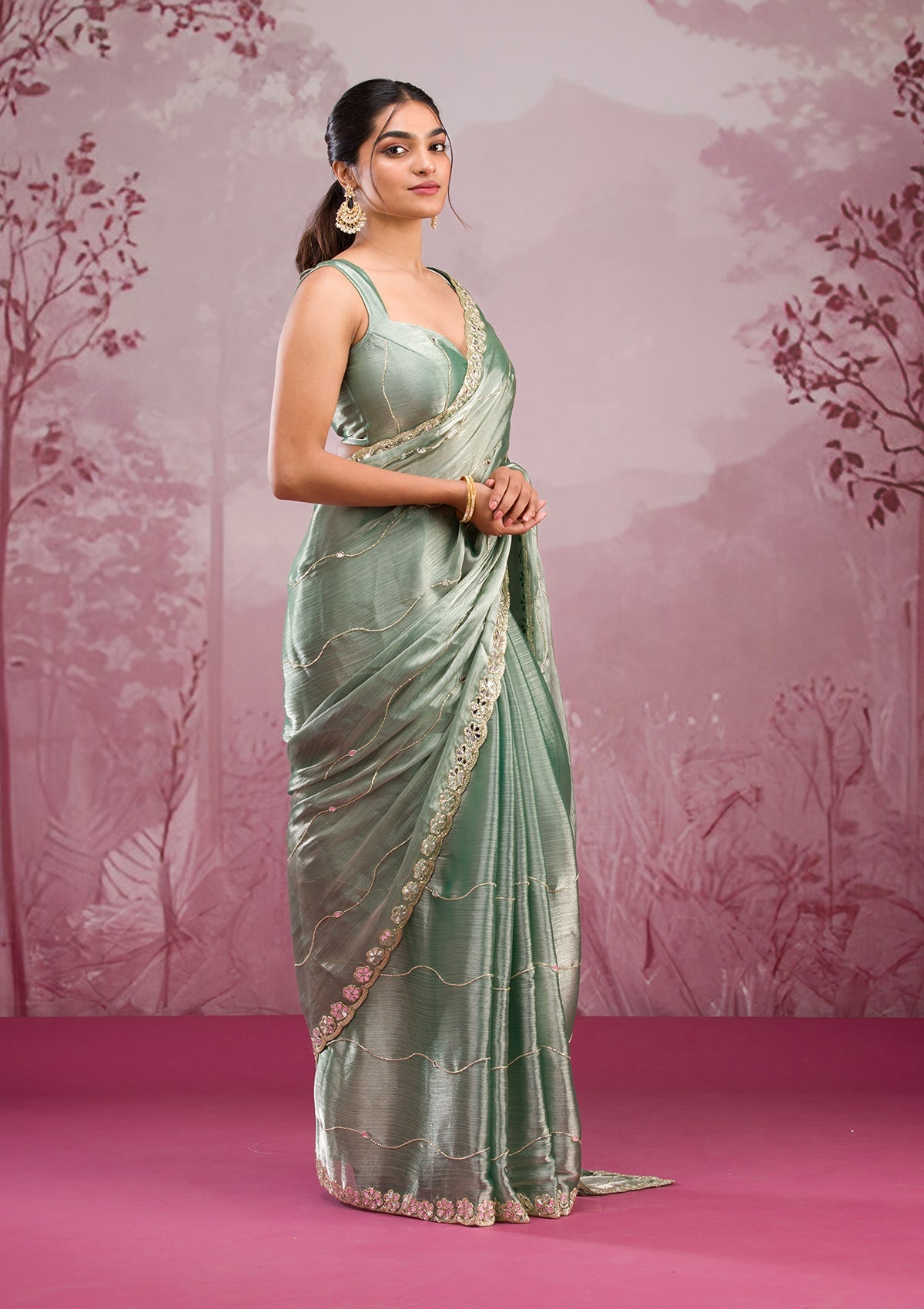Sea Green Organza Mirrorwork Saree With Matching Blouse Piece