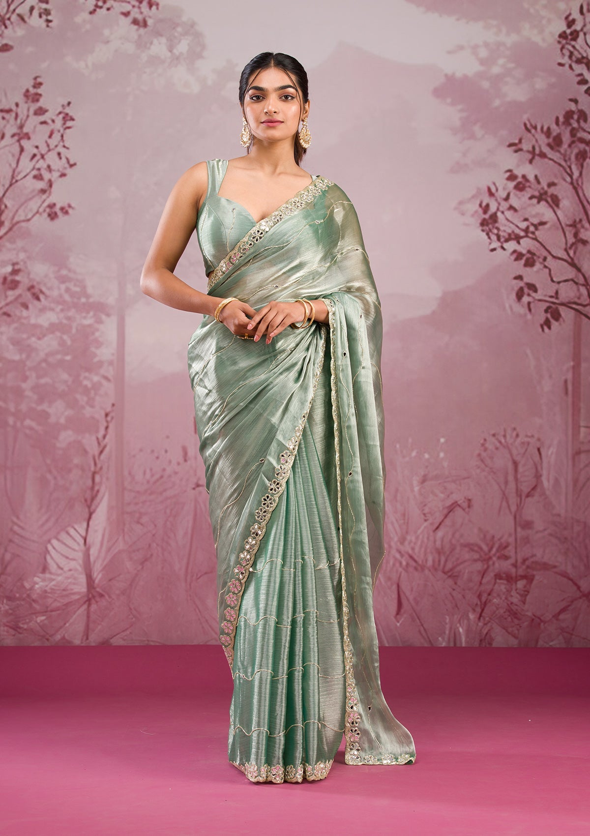 Sea Green Organza Mirrorwork Saree With Matching Blouse Piece
