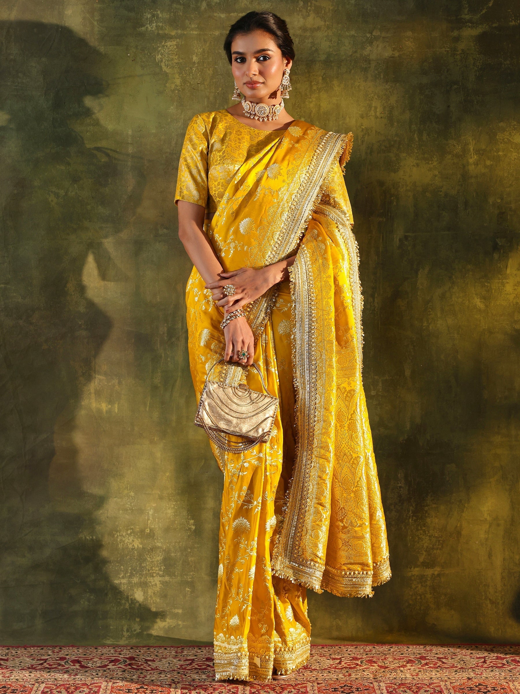 Art Mustard Embellished Woven Design Silk Saree With Unstitched Blouse Piece